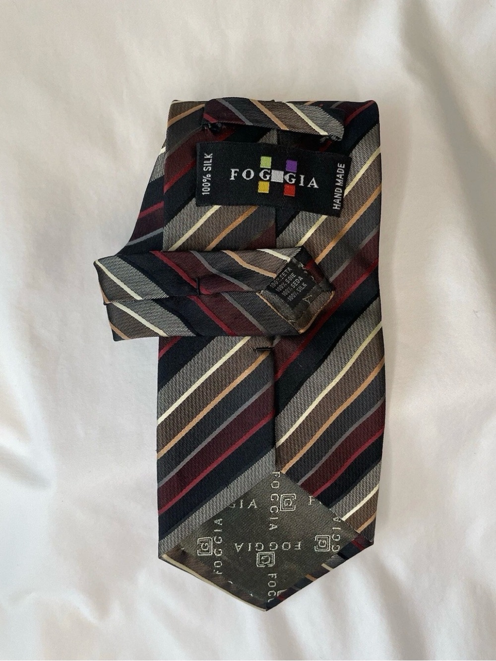 Foggia Men's Silk Striped Tie in Black, Burgundy and Tan